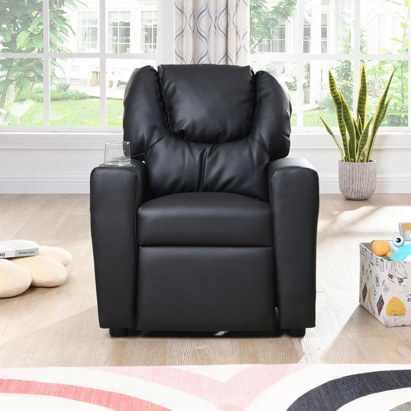English Elm Kids Recliner Chair Black PVC Kids Toddler Recliner with Cup Holder, Durable Ergonomic 150 lb Capacity W311P216907