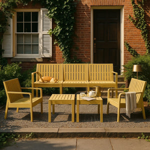English Elm 5-Piece Outdoor/Indoor Furniture Set with Weatherproof PP, 3-Seater Sofa, 2 Chairs, Easy Assembly, Space-Saving Nesting Tables Yellow W3450S00002