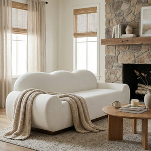 English Elm 88 In. Curved Cloud Sofa Chenille Upholstered 3 Seat Living Room Couch Walnut Legs White N773IS00095W