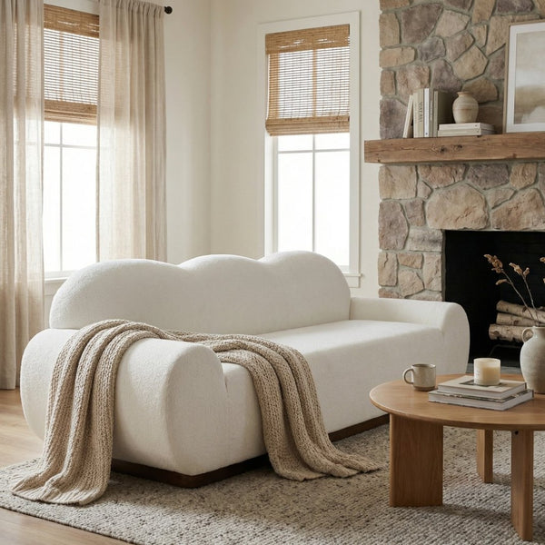 English Elm 88 In. Curved Cloud Sofa Chenille Upholstered 3 Seat Living Room Couch Walnut Legs White N773IS00095W