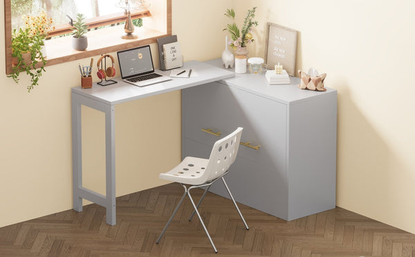 English Elm Twin Size Murphy Cabinet Bed With Adjustable Desk - Space-Saving Gray Chest Dresser For Guests N733P272603E-GIGA