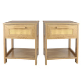 English Elm Nightstand Set Of 2, 2 Drawer Dresser For Bedroom, Small Dresser With 2 Drawers and Two Open Storage Shelf, Bedside Furniture, Night Stand, End Table With Rattan Design, Natural Color