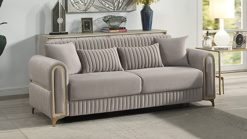English Elm Ruby Contemporary Sofa with Birch Frame Pocket Coil Support and Gold Steel Legs Taupe B009S02249