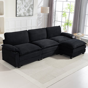 English Elm 113" Modern 3+1 L-Shaped Corduroy Sofa with Double-Layer Cushions, Cup Holders & Storage Bags Black W2715S00006