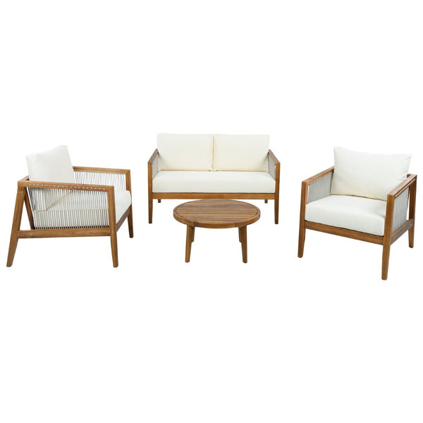 English Elm Outdoor Acacia Wood 4 Piece Conversation Set with Woven Rope Back Teak Resort Style N768P408130T_2_N768P408131T