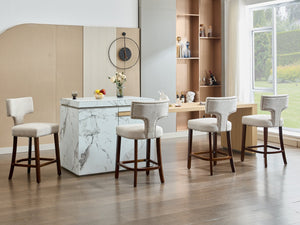 English Elm Mid Century Modern Counter Height Bar Stools Set of 2 with Curved Copper-Stud Back, Foam Spring Cushion, Walnut Legs and Adjustable Balance Studs Beige W1143P296347