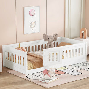 English Elm Twin Size Floor Bed With Safe Guardrails & Playful Door - Solid Wood Bedframe For Kids’ Rooms W1820P240538-GIGA