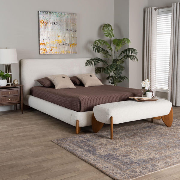 Baxton Studio Baxton Studio Vinicio King Bedroom Set - Modern Cream Boucle Upholstery with Accent Bench Included BBT61296-Cream-King 2PC Bedroom Set