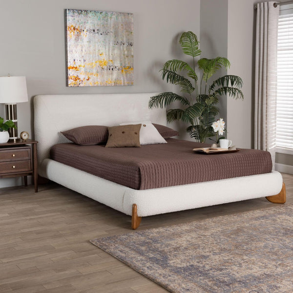 Baxton Studio Baxton Studio Vinicio Mid-Century Modern Cream Boucle Platform Bed for Stylish, Serene Bedrooms Queen BBT61296-Cream-Queen