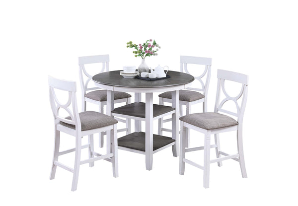 English Elm 5-pcs Modern Counter-Height Dining Set with Round Table, Under-Table Storage Shelves, 4 Chairs Antique White+Gray 46 L x 46 W x 16 H B089P240467