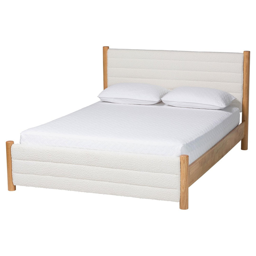 Baxton Studio Baxton Eilert Queen Bed in Cream Boucle and Oak Brown Wood – Modern Mid-Century Design & Comfort BBT61207 A1-Cream-Queen