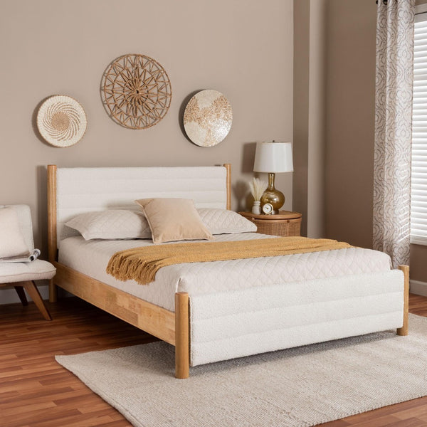 Baxton Studio Baxton Eilert Queen Bed in Cream Boucle and Oak Brown Wood – Modern Mid-Century Design & Comfort BBT61207 A1-Cream-Queen