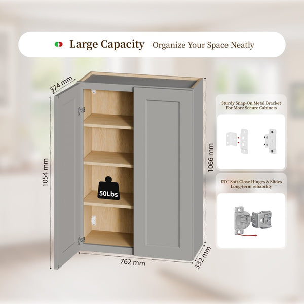 English Elm Gray Shaker Solid Wood Wall Cabinet Soft Close Doors Adjustable Shelves Kitchen Storage W5662P465944