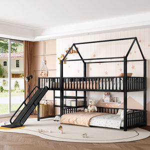 English Elm Full Metal House Bunk Bed with Slide Storage Stairs and Safety Rails for Kids W1580S00344