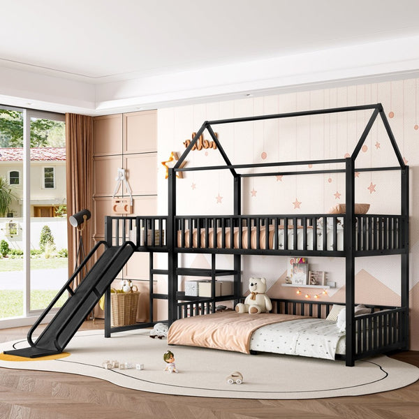 English Elm Full Metal House Bunk Bed with Slide Storage Stairs and Safety Rails for Kids W1580S00344