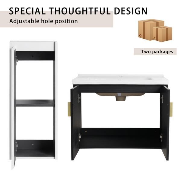 English Elm 28" Wall-Mounted Bathroom Vanity With Ceramic Sink & Side Cabinet – Space-Saving, Soft-Close Doors! W999S00327