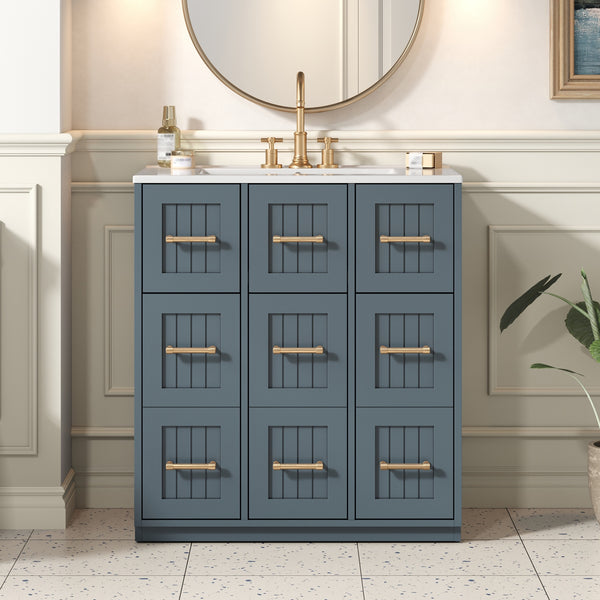 English Elm 30inch Bathroom Vanity with Undermount Sink, Tip-Out Tray, Soft-Close Doors, Spacious Drawers & Handles Blue N710P331580C