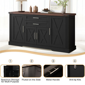 English Elm 63" Fluted Mdf Sideboard with Wood Tone Top Four Doors Three Drawers Dining Storage Black W2917S00012