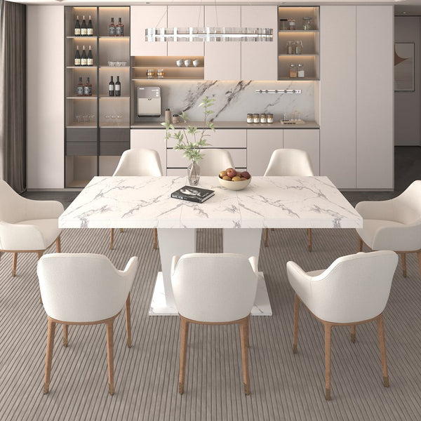 English Elm Extendable Faux Marble Dining Table with V-Legs — Sleek Expandable Conference & Kitchen Centerpiece for 6–10 White Marble W1347S00008