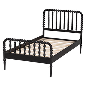 Baxton Studio Lucera Mid-century Platform Bed With Bobbin Design - Sturdy Wood Frame, Slatted Headboard & Tapered Legs Black Solid Rubberwood,Lvl(Bed Slats) Mg0110-4-black-full