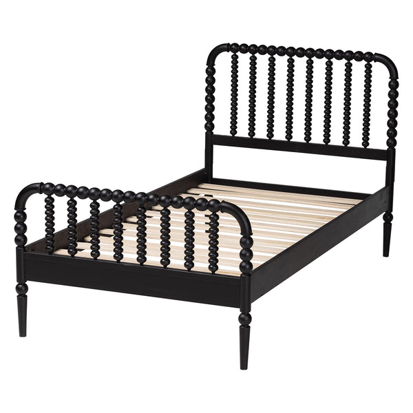 Baxton Studio Lucera Mid-century Platform Bed With Bobbin Design - Sturdy Wood Frame, Slatted Headboard & Tapered Legs Black Solid Rubberwood,Lvl(Bed Slats) Mg0110-4-black-full