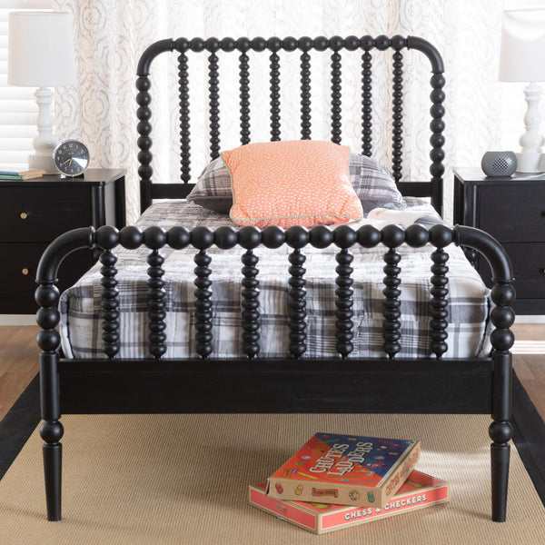 Baxton Studio Lucera Mid-century Platform Bed With Bobbin Design - Sturdy Wood Frame, Slatted Headboard & Tapered Legs Black Solid Rubberwood,Lvl(Bed Slats) Mg0110-4-black-full