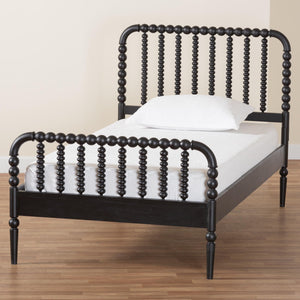 Baxton Studio Lucera Mid-century Platform Bed With Bobbin Design - Sturdy Wood Frame, Slatted Headboard & Tapered Legs Black Solid Rubberwood,Lvl(Bed Slats) Mg0110-4-black-full