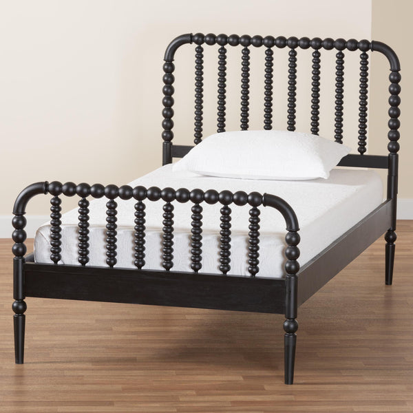 Baxton Studio Lucera Mid-century Platform Bed With Bobbin Design - Sturdy Wood Frame, Slatted Headboard & Tapered Legs Black Solid Rubberwood,Lvl(Bed Slats) Mg0110-4-black-full