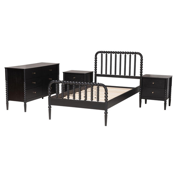 Baxton Studio Baxton Studio Lucera Mid-Century 4-Piece Bedroom Set with Elegant Bobbin Design & Storage Solutions Black Full 4-Piece MG0110-4-Black-Full 4PC Bedroom Set