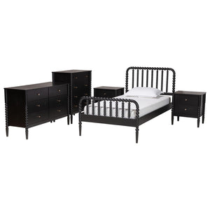 Baxton Studio Baxton Studio Lucera Mid-Century 4-Piece Bedroom Set with Elegant Bobbin Design & Storage Solutions Black Full 5-Piece MG0110-4-Black-Full 5PC Bedroom Set