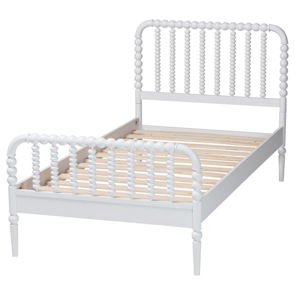 Baxton Studio Lucera Mid-century Platform Bed With Bobbin Design - Sturdy Wood Frame, Slatted Headboard & Tapered Legs White Solid Rubberwood,Lvl(Bed Slats) Mg0110-4-white-twin