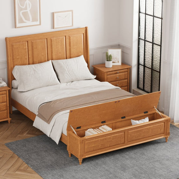English Elm Queen Sleigh Bed Solid Rubberwood Walnut Finish Curved Headboard Footboard Storage Bench W1716S00035