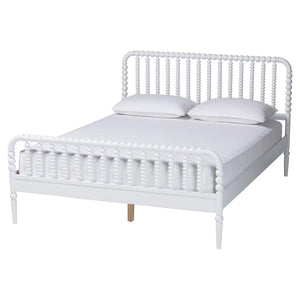 Baxton Studio Lucera Mid-century Platform Bed With Bobbin Design - Sturdy Wood Frame, Slatted Headboard & Tapered Legs White Solid Rubberwood,Lvl(Bed Slats) Mg0110-4-white-queen