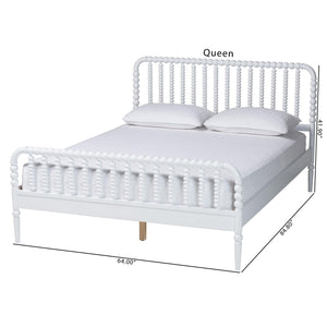 Baxton Studio Lucera Mid-century Platform Bed With Bobbin Design - Sturdy Wood Frame, Slatted Headboard & Tapered Legs White Solid Rubberwood,Lvl(Bed Slats) Mg0110-4-white-queen