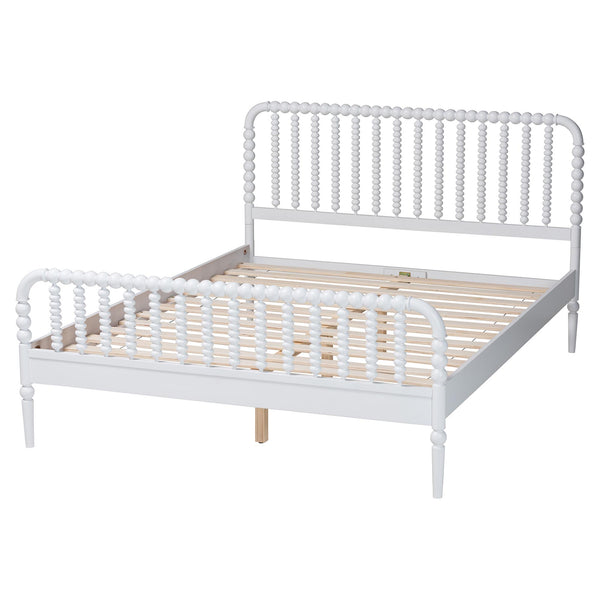 Baxton Studio Lucera Mid-century Platform Bed With Bobbin Design - Sturdy Wood Frame, Slatted Headboard & Tapered Legs White Solid Rubberwood,Lvl(Bed Slats) Mg0110-4-white-queen