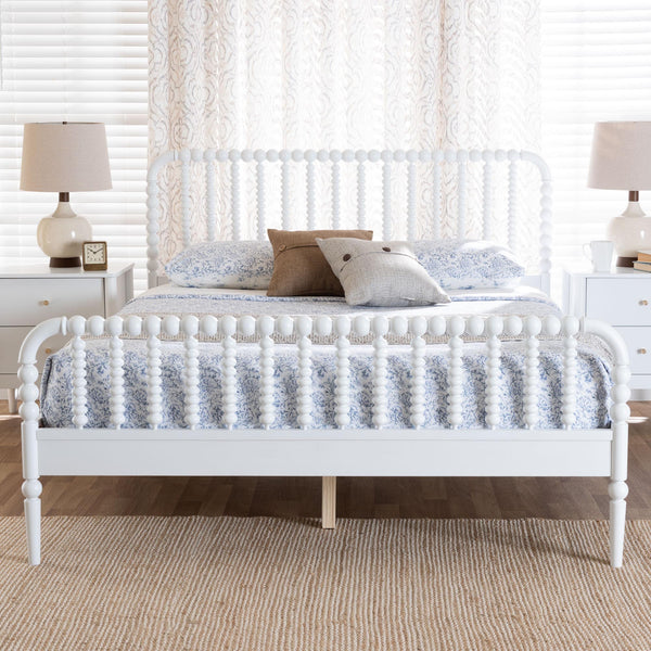 Baxton Studio Lucera Mid-century Platform Bed With Bobbin Design - Sturdy Wood Frame, Slatted Headboard & Tapered Legs White Solid Rubberwood,Lvl(Bed Slats) Mg0110-4-white-queen