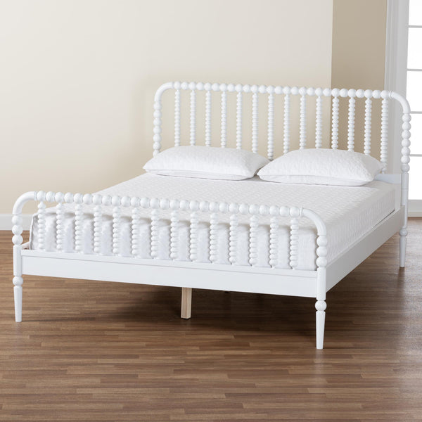 Baxton Studio Lucera Mid-century Platform Bed With Bobbin Design - Sturdy Wood Frame, Slatted Headboard & Tapered Legs White Solid Rubberwood,Lvl(Bed Slats) Mg0110-4-white-queen