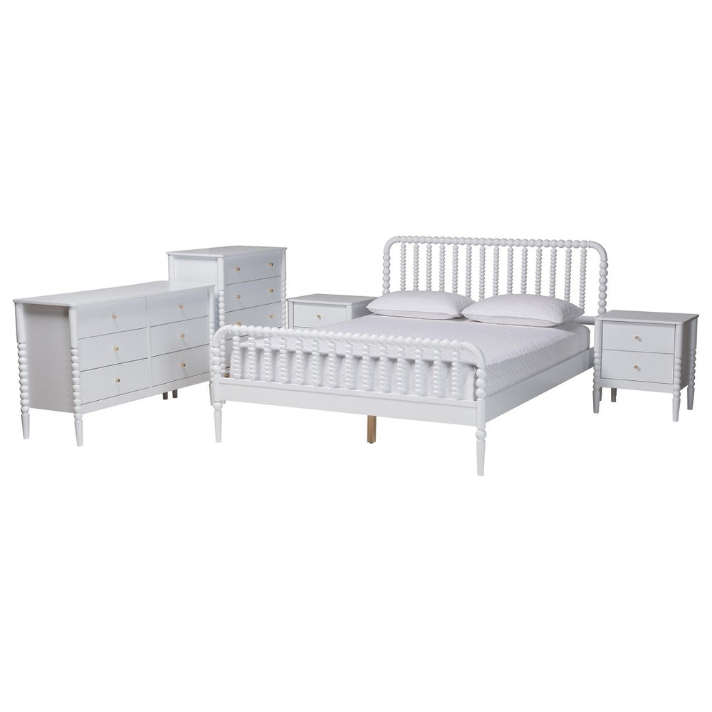 Baxton Studio Baxton Studio Lucera 5-Piece Mid-Century Queen Bedroom Set with Bobbin Design & Smart Storage Solutions MG0110-4-White-Queen 5PC Bedroom Set