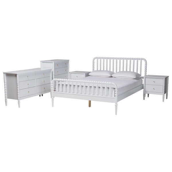 Baxton Studio Baxton Studio Lucera 5-Piece Mid-Century Queen Bedroom Set with Bobbin Design & Smart Storage Solutions MG0110-4-White-Queen 5PC Bedroom Set