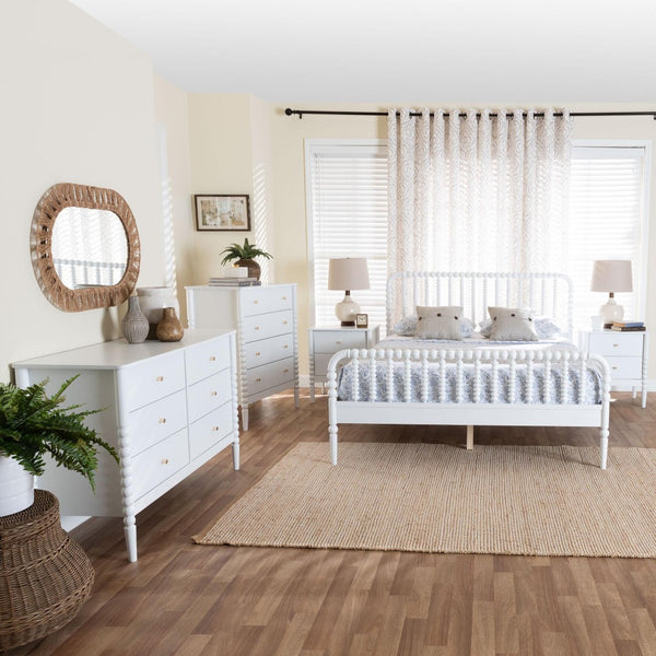 Baxton Studio Baxton Studio Lucera 5-Piece Mid-Century Queen Bedroom Set with Bobbin Design & Smart Storage Solutions MG0110-4-White-Queen 5PC Bedroom Set