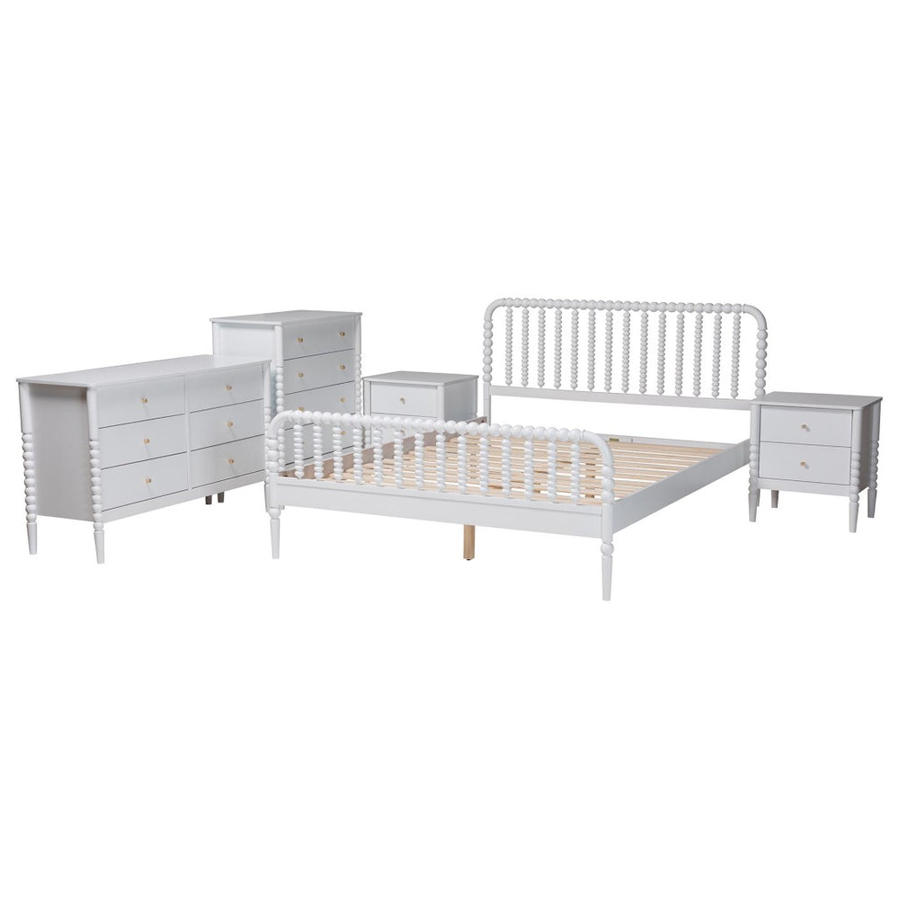 Baxton Studio Baxton Studio Lucera 5-Piece Mid-Century Queen Bedroom Set with Bobbin Design & Smart Storage Solutions MG0110-4-White-Queen 5PC Bedroom Set