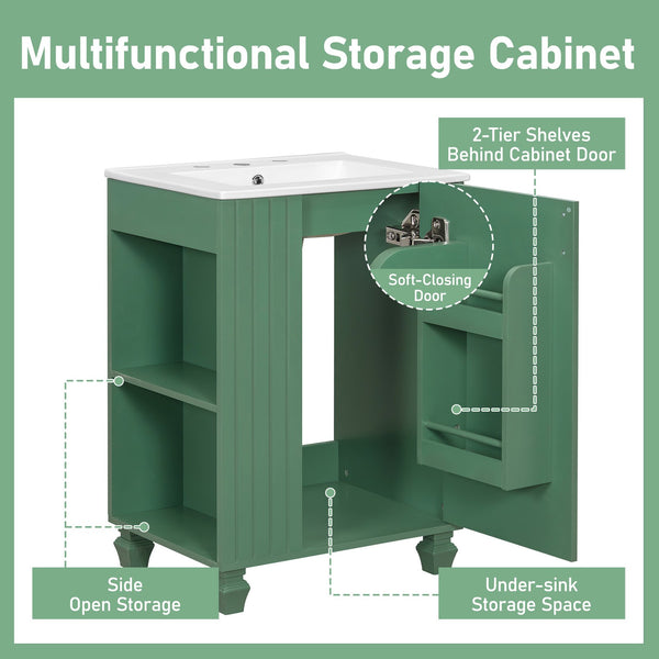English Elm Christopher Knight Home® - 24" Retro Bathroom Vanity with Ceramic Sink, Solid Wood Frame, Soft-Close Door, Ample Storage Green N759P293645F