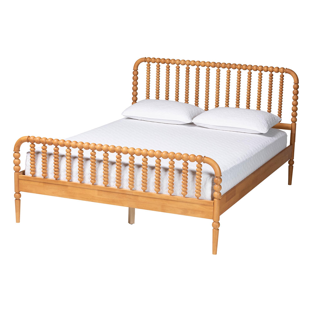 Baxton Studio Lucera Mid-century Platform Bed With Bobbin Design - Sturdy Wood Frame, Slatted Headboard & Tapered Legs Oak Brown Solid Rubberwood,Lvl(Bed Slats) Mg0110-4-nt Oak-queen
