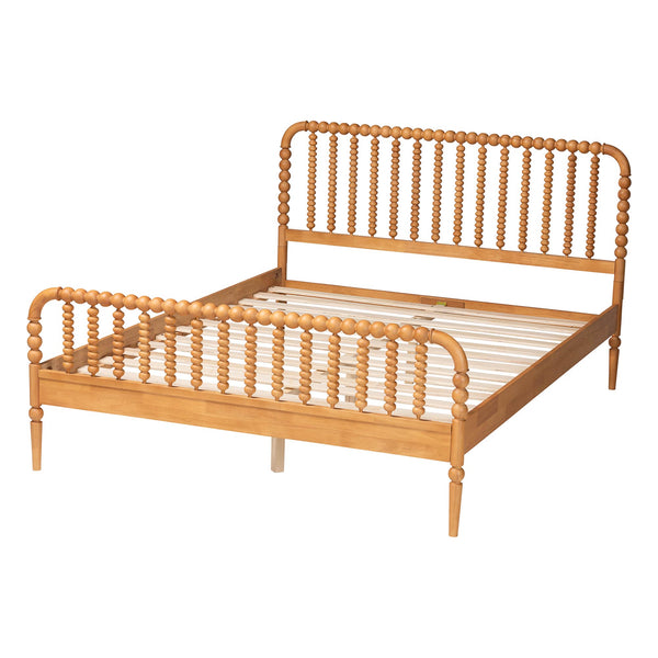 Baxton Studio Lucera Mid-century Platform Bed With Bobbin Design - Sturdy Wood Frame, Slatted Headboard & Tapered Legs Oak Brown Solid Rubberwood,Lvl(Bed Slats) Mg0110-4-nt Oak-queen