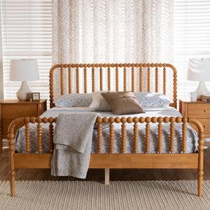 Baxton Studio Lucera Mid-century Platform Bed With Bobbin Design - Sturdy Wood Frame, Slatted Headboard & Tapered Legs Oak Brown Solid Rubberwood,Lvl(Bed Slats) Mg0110-4-nt Oak-queen