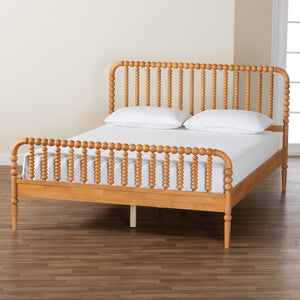 Baxton Studio Lucera Mid-century Platform Bed With Bobbin Design - Sturdy Wood Frame, Slatted Headboard & Tapered Legs Oak Brown Solid Rubberwood,Lvl(Bed Slats) Mg0110-4-nt Oak-queen