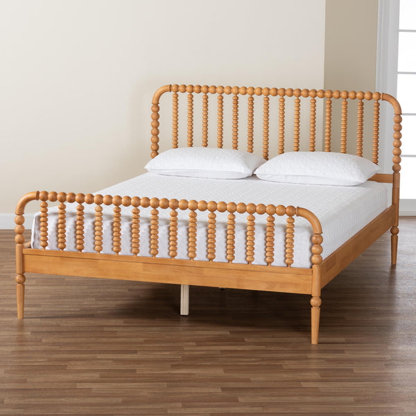 Baxton Studio Lucera Mid-century Platform Bed With Bobbin Design - Sturdy Wood Frame, Slatted Headboard & Tapered Legs Oak Brown Solid Rubberwood,Lvl(Bed Slats) Mg0110-4-nt Oak-queen
