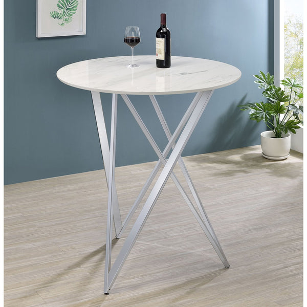 English Elm Halverson Sleek White Faux Marble Round Bar Table with Chrome Accents — Durable Stylish 35.25" Top B062P344885