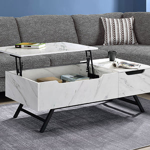 English Elm White Coffee Table with Lift Top, Spacious Storage, Drawer & Sleek Metal Splayed Legs for Modern Living Room B062P191066