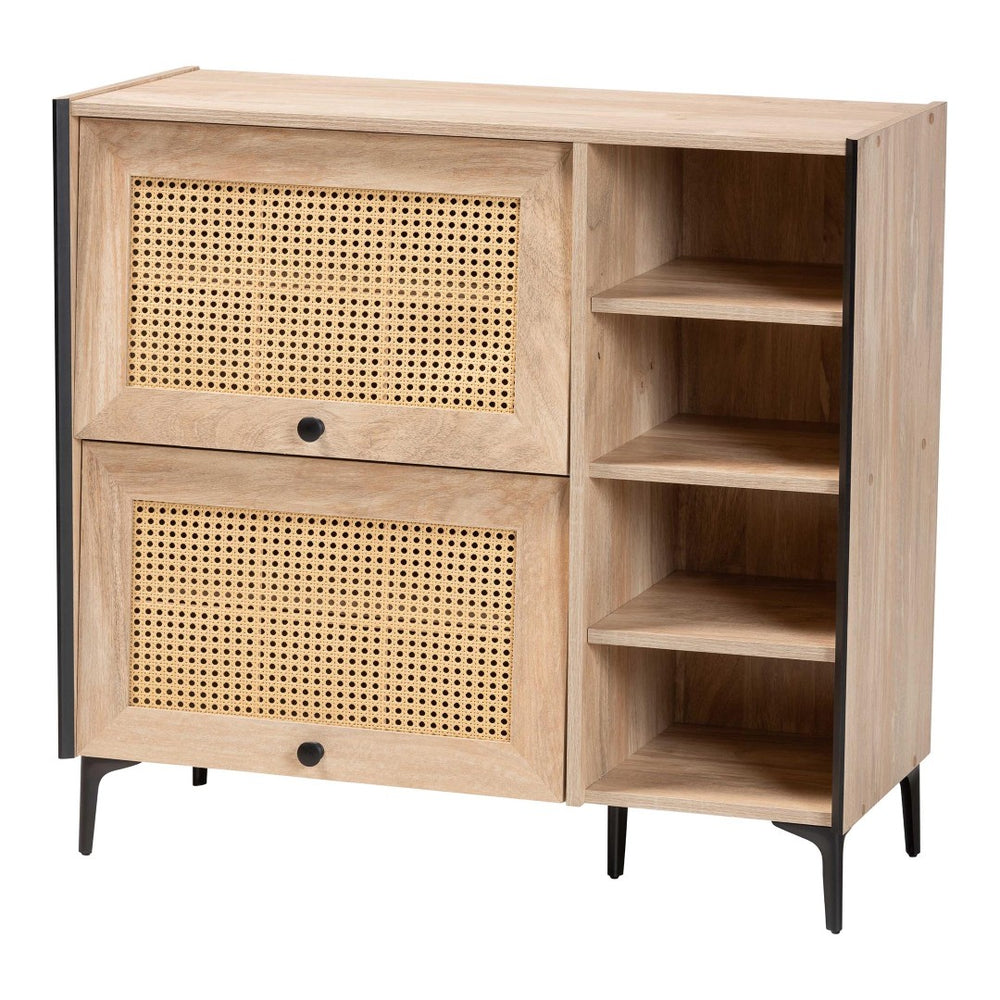 Baxton Studio Baxton Studio Modern Oak Brown Shoe Cabinet with Flipper Doors, Adjustable Shelves & Rattan Accents FP-2405-5005B-Natural/Black-Shoe Cabinet